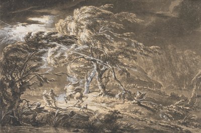 El relámpago, viajeros en una tormenta en una carretera forestal de George Barret