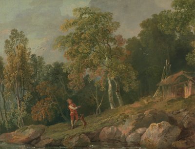 Paisaje arbolado con un niño y su perro de George Barret