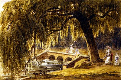 Mujeres y niños junto a un puente ornamental en un parque de George Barrett