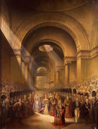 La llegada de Su Graciosa Majestad la Reina Victoria a la Cámara de los Lores para abrir su primer parlamento de George Baxter