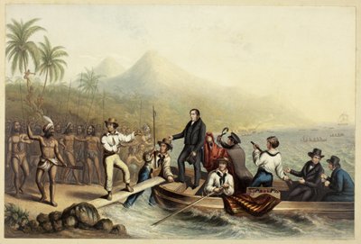La recepción del Rev. J. Williams, en Tanna en los mares del sur, el día antes de ser masacrado de George Baxter