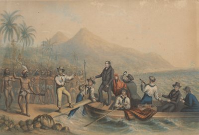La recepción del reverendo J. Williams en Tanna, en los Mares del Sur, el día antes de ser masacrado de George Baxter