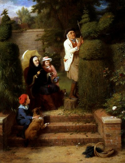 En el jardín. En el jardín: una abuela y sus dos hijos pequeños observan a su abuelo podar un arbusto de animales en el jardín. Pintura de George Bernard O`Neill (1828-1917 británico) Colección particular de George Bernard O
