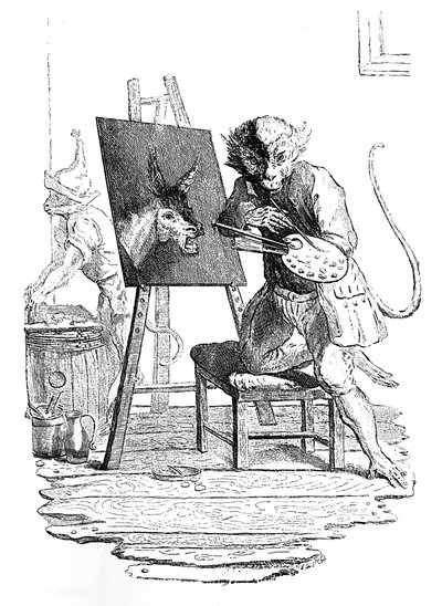 Un simio pintando un asno, 1753 de George Bickham