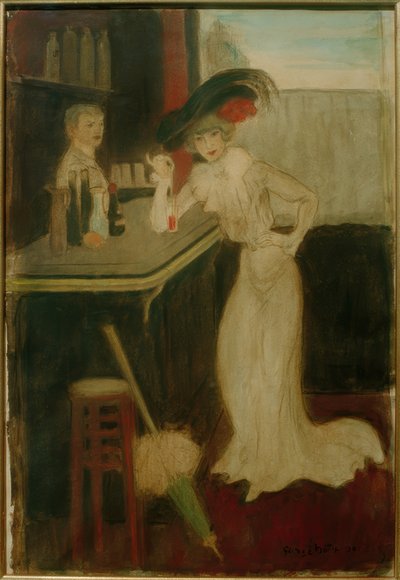 Mujer con sombrilla en el bar de George Bottini