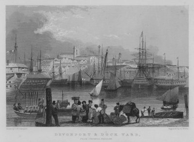 Devonport y astillero, desde Cremill Passage (grabado) de George Bryant Campion