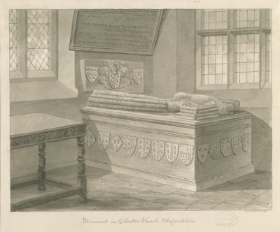 Iglesia de Ellastone - Monumento a Sir John Fleetwood: dibujo en sepia, 1841 de George Buckler