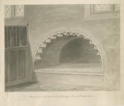 Iglesia de Penkridge - Monumento en la Pared Sur: dibujo en sepia, 1841 de George Buckler