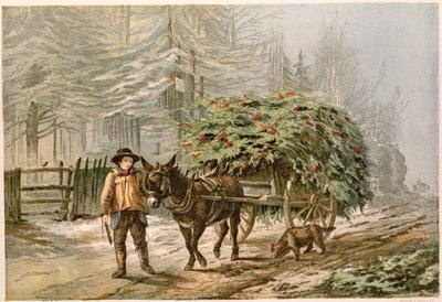 Niño guiando un burro y carro, tarjeta navideña victoriana de George C. Leighton