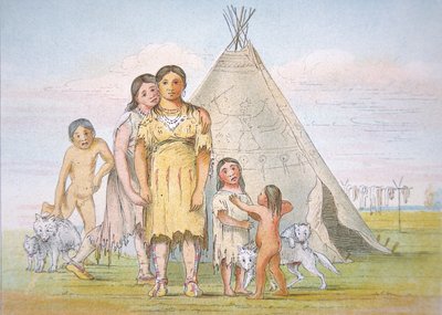 Una familia Comanche fuera de su tipi de George Catlin