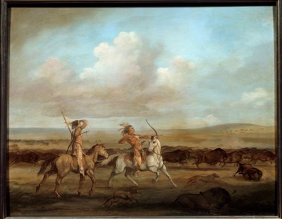 Indios americanos a caballo cazando bisontes de George Catlin