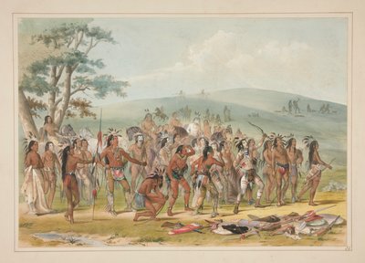 Tiro con arco de los Mandans, pl. 24 de la cartera de indios norteamericanos de George Catlin