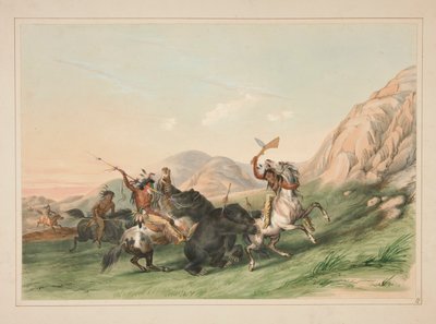 Atacando al oso grizzly, pl. 19 de la cartera de indios norteamericanos de George Catlin