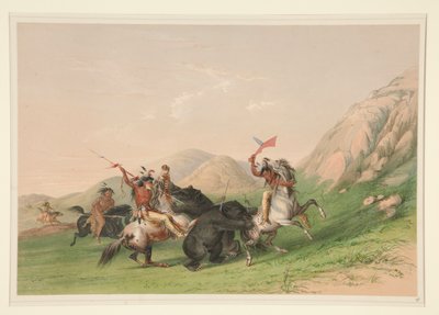 Atacando al oso grizzly, pl. 19 de la cartera de indios norteamericanos de George Catlin