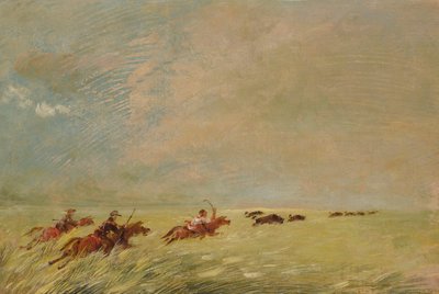 Bogard, Batiste y yo persiguiendo búfalos en la hierba alta de un fondo del Missouri de George Catlin