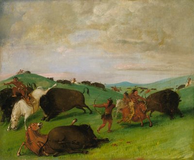 Buffalo Chase, los toros se enfrentan a hombres y caballos de George Catlin