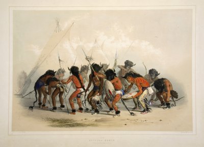 Danza del Búfalo, de la Cartera de Indios de América del Norte de Catlin. Escenas de Caza y Diversiones de las Montañas Rocosas y Praderas de América, pub. 1845 de George Catlin