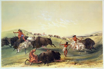 Caza de búfalos, lámina 7 de la colección de indios norteamericanos de Catlin, grabado por McGahey, Day y Haghe de George Catlin