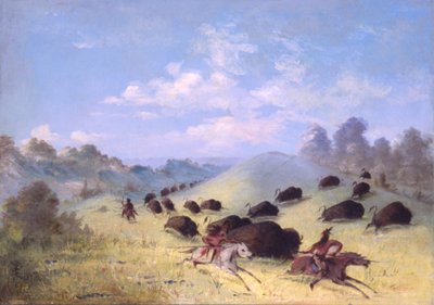 Indios comanches persiguiendo búfalos con lanzas y arcos de George Catlin