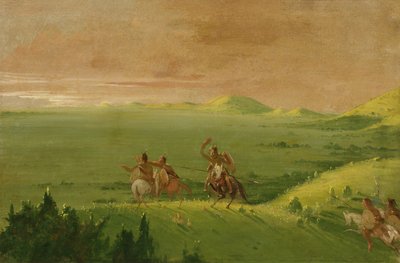 Partida de guerra comanche, jefe descubriendo al enemigo y animando a sus hombres al amanecer, 1834-1835 de George Catlin