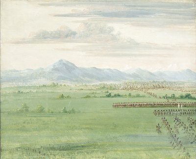 Guerreros comanches, con bandera blanca, recibiendo a los dragones de George Catlin