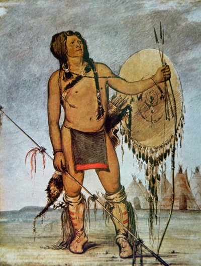 Guerrero Comanche con escudo, lanza y arco y flechas, c.1835 de George Catlin