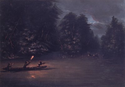 Caza de ciervos con antorchas en canoas de corteza, 1846-1848 de George Catlin