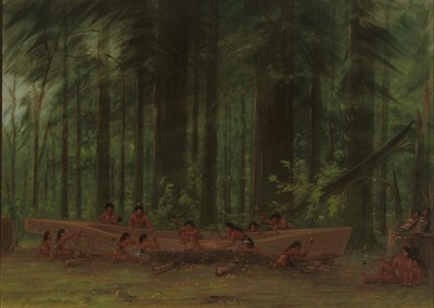 Excavando una canoa - Indios Nayas, 1855-1869 de George Catlin