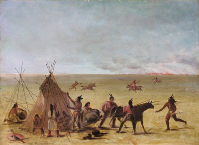 Familia india alarmada por la proximidad de un incendio en la pradera de George Catlin