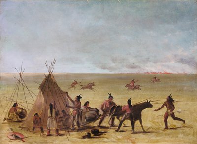 Familia india alarmada por la llegada de un incendio en la pradera, 1846-1848 de George Catlin