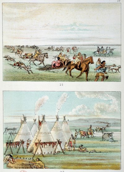 Indios de América: (arriba) tribu moviéndose con pieles para la venta. (abajo) tribu de 500 a 600 tipis. Ilustración de George Catlin (1794-1872) de George Catlin
