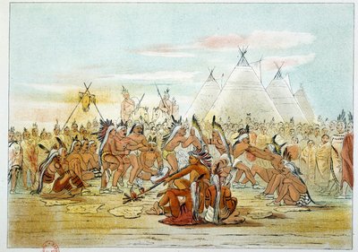 Indios de América: Tribu Assiniboin parecida a los Sioux bailando la danza de la pipa. Ilustración de George Catlin de George Catlin