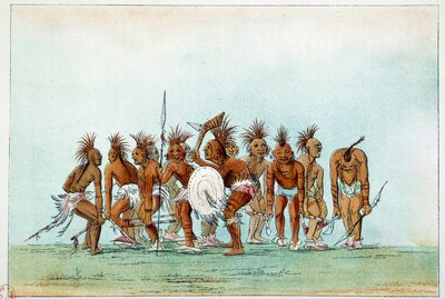 Indios de América: Tribu Black Hawk bailando danza mendicante para turistas. Ilustración de George Catlin (1794-1872) de George Catlin