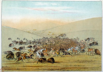 Indios de América: indios miniatarees cazando búfalos con lanzas. Ilustración de George Catlin (1794-1872). de George Catlin