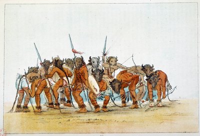 Indios de América: reunión de guerreros Mandans con su trofeo de cabeza de búfalo en la cabeza. Ilustración de George Catlin (1794-1872) de George Catlin