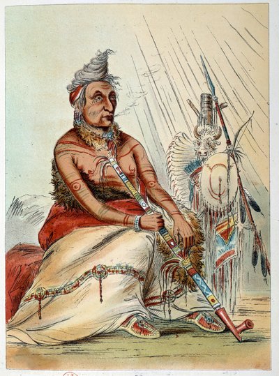Indios de América: retrato de un viejo jefe indio fumando su pipa llamado El Mocasin Negro. Ilustración de George Catlin de George Catlin