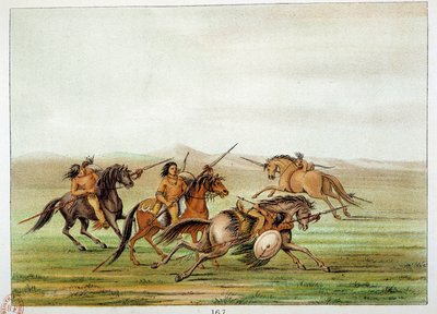 Indios de América: Comandantes guerreros entrenando a caballo. Ilustración de George Catlin (1794-1872). de George Catlin