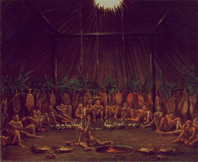 Vista interior del Medicine Lodge, ceremonia Mandan O-kee-pa de George Catlin