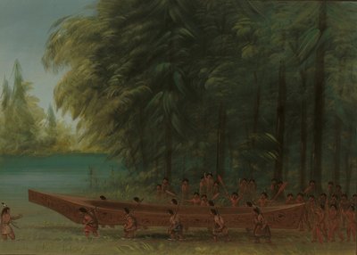 Lanzamiento de una canoa - Indios Nayas de George Catlin