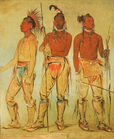 Mun-ne-pús-kee, El que no tiene miedo; Ko-ha-túnk-a, Gran cuervo; y Nah-cóm-ee-shee, Hombre de la cama, Tres jóvenes guerreros. de George Catlin