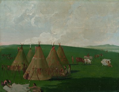Sioux acampados en el Alto Missouri, aderezando carne y túnicas de búfalo de George Catlin