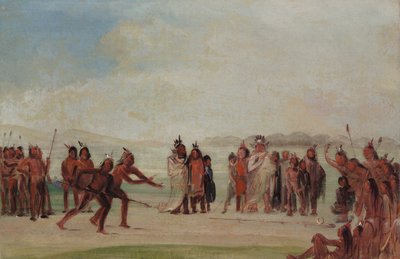 Tchung-kee, un juego mandan que se juega con un anillo y un palo de George Catlin