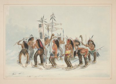 La danza de las raquetas de nieve, pl. 14 de la cartera de indios norteamericanos de George Catlin