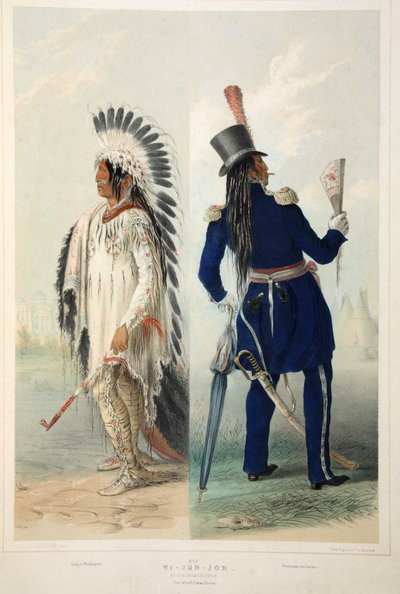 Wi-Jun-Jon, un jefe Assinneboin, pub. 1845 litografía en color de George Catlin