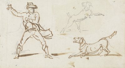 Un hombre lanzando una pelota a un perro de George Chinnery