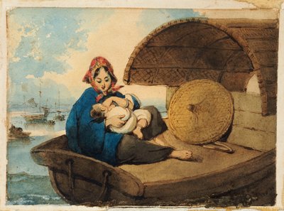 Una mujer Tanka con su hijo en un bote de George Chinnery