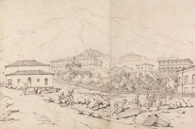 Construir en la ladera de un pueblo de montaña (¿China?) de George Chinnery