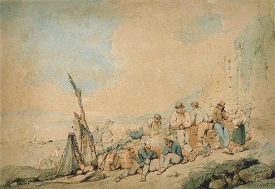 Escena costera con figuras cerca de un muro de George Chinnery