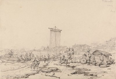 Escena costera con pescadores y edificios, Macao de George Chinnery