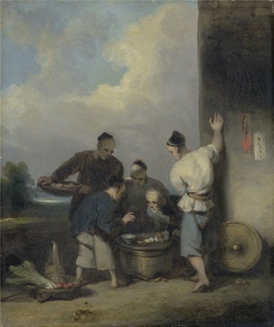 Coolies alrededor del puesto del vendedor de comida de George Chinnery